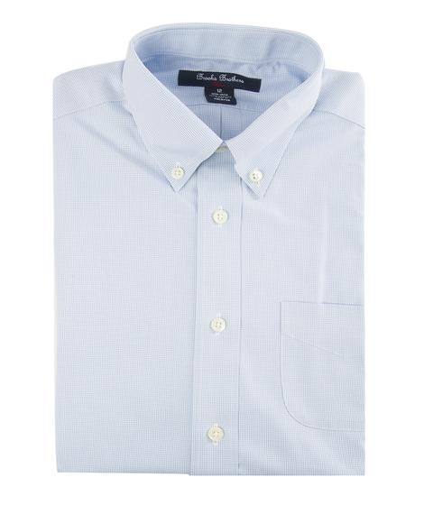 Erkek çocuk mavi non-iron desenli düğmeli yaka klasik gömlek